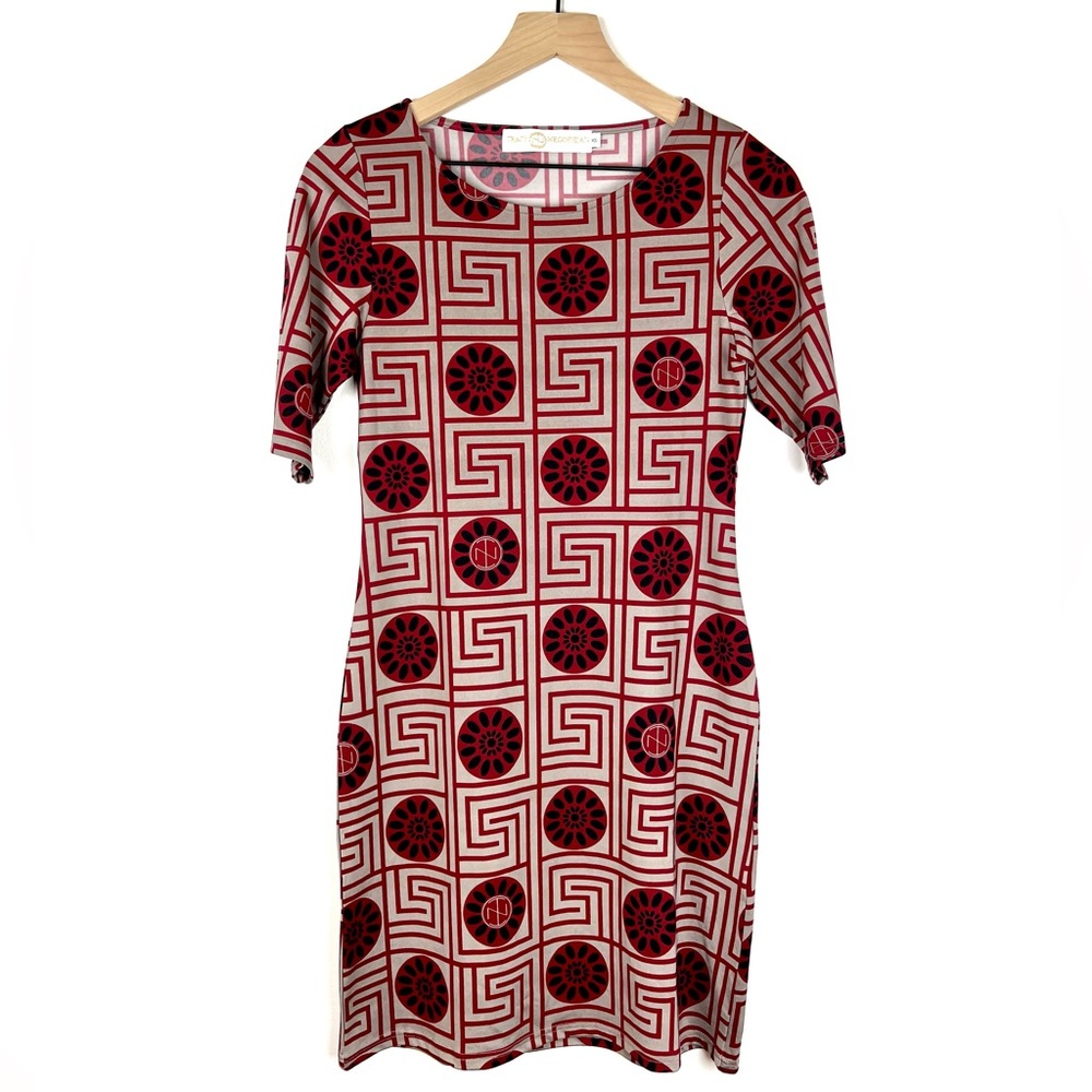 Tracy Negoshian Mod Mini Dress XS Red Geometric Print Retro 60s Shift Style - Picture 2 of 8